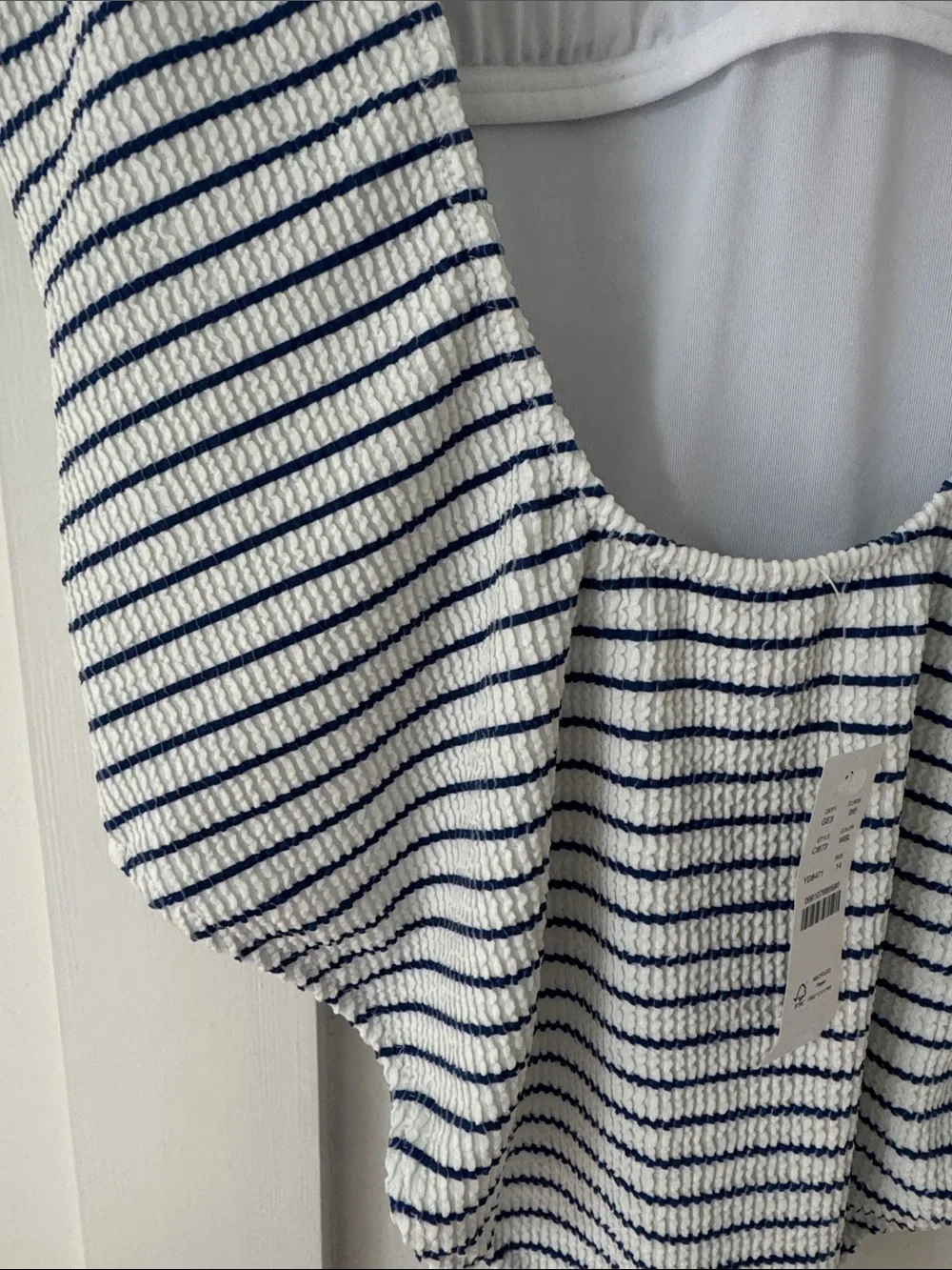 NWT J Crew Claudia scrunchie one-piece Blue White Striped Swimsuit 14